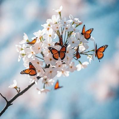 The primary subject of the image is a white flower with a branch. The setting is a blue sky, and the visual style is a photo. The dominant colors are white and blue, creating a calm and serene atmosphere.